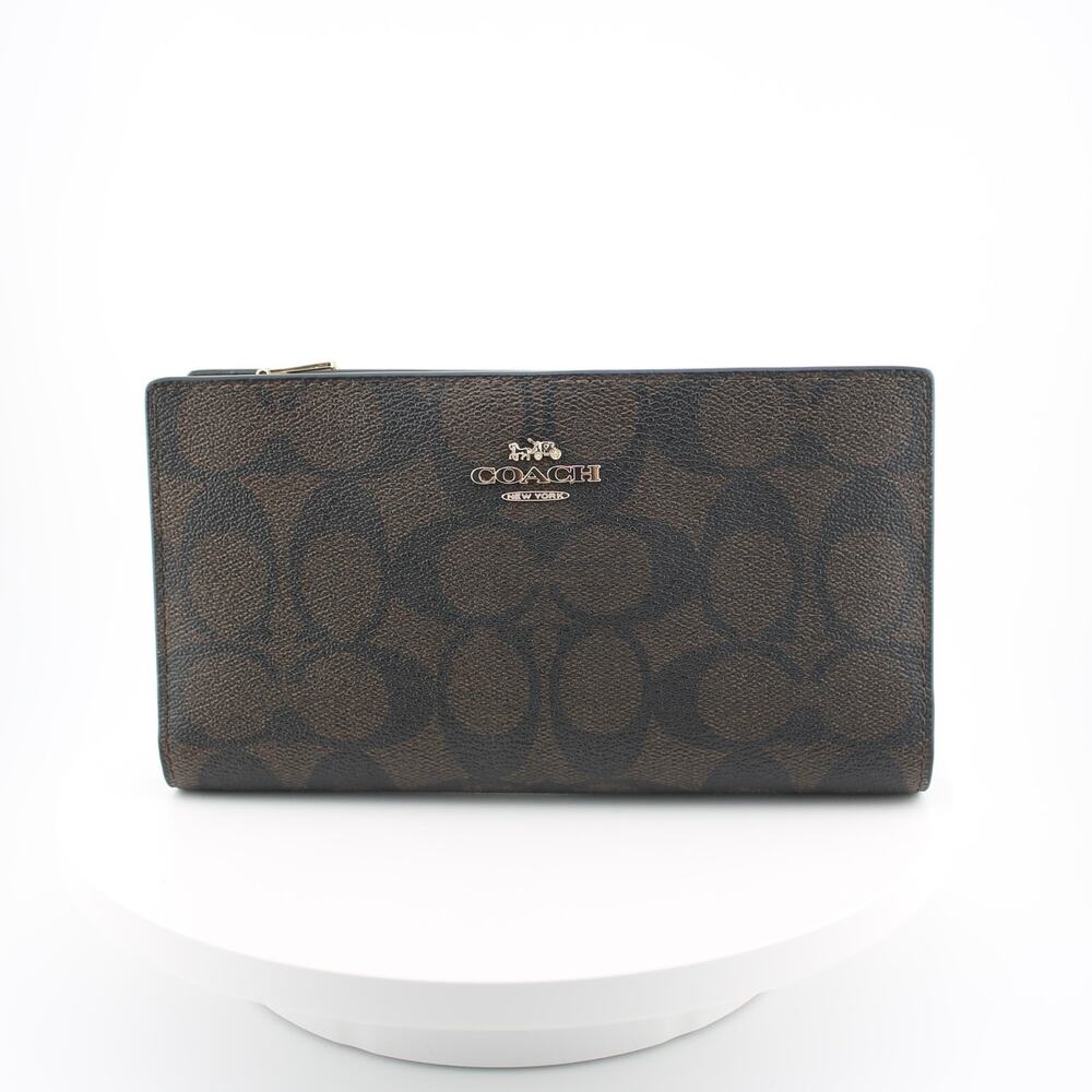 Coach C8714 Brown Black Signature Coated Canvas Zip Wallet